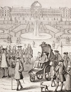 El joven rey Luis XV paseando en un carruaje en los Jardines de las Tullerías, París, de 